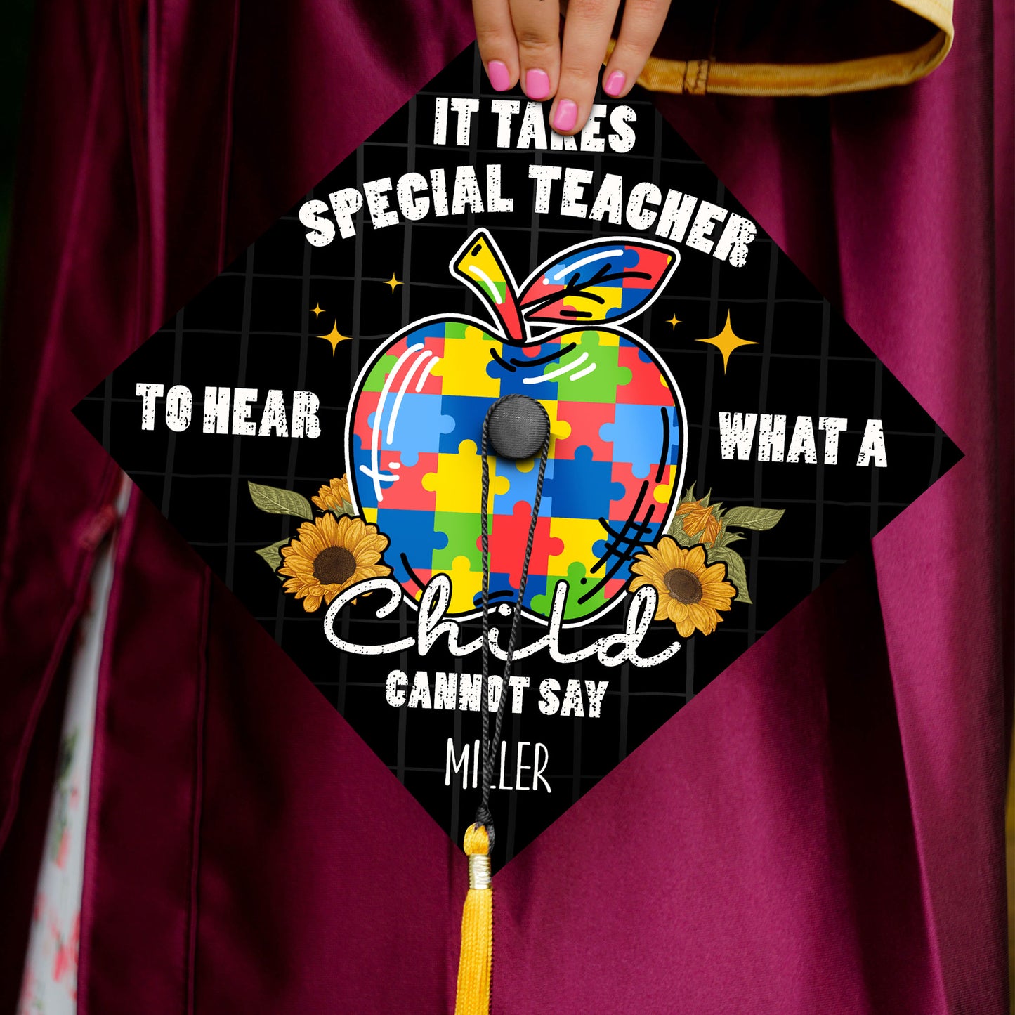 It Takes A Special Person To Hear What A Child Cannot Say Printed Grad Cap Topper, Personalized Autism Graduation Cap, Sped Teacher Gift