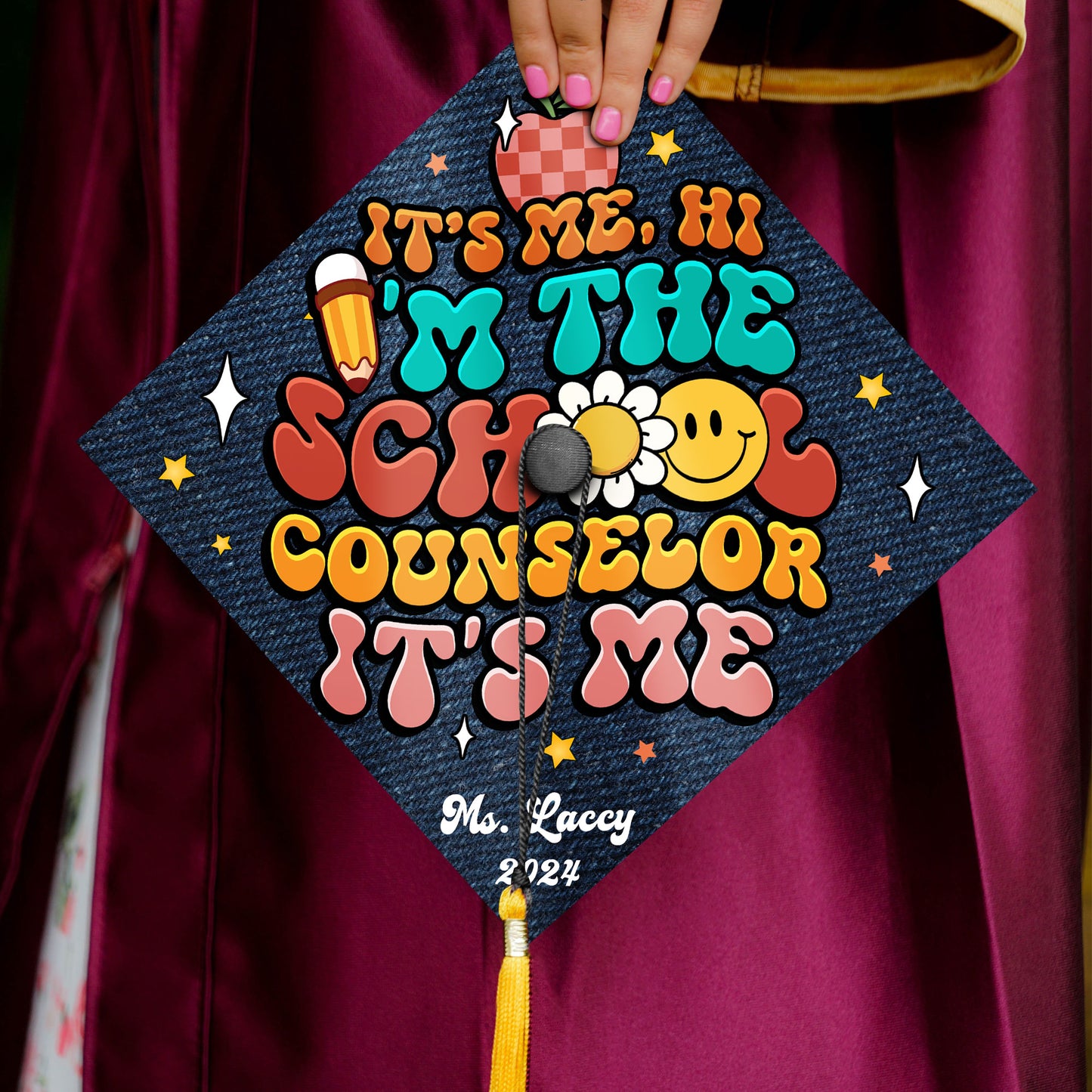 It's Me Hi I'm The School Counselor It's Me Printed Graduation Cap, Social Worker Grad Cap Topper - SP11066PGMAHA