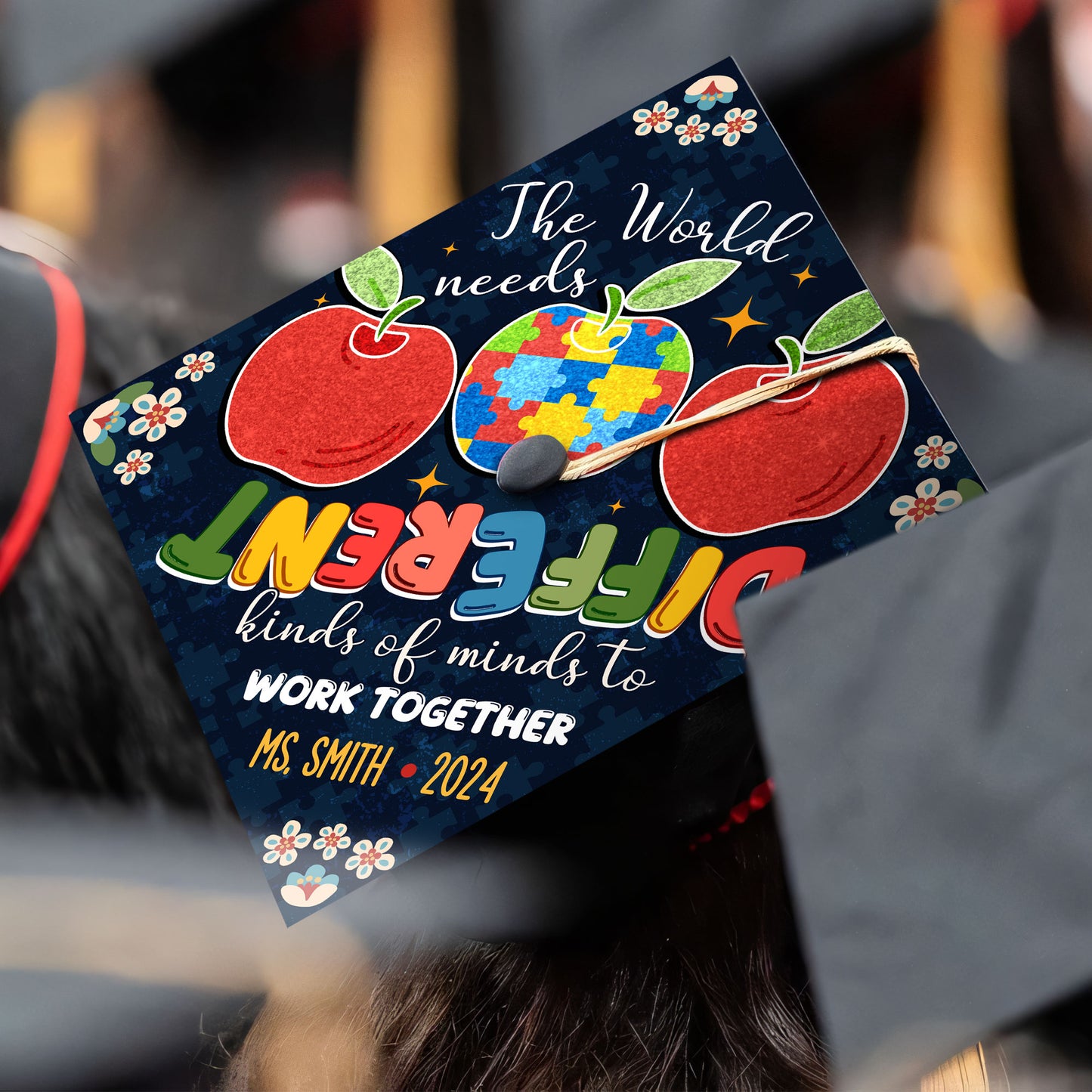 The World Needs All Kinds Of Minds Grad Cap Topper Decoration, Class of 2024