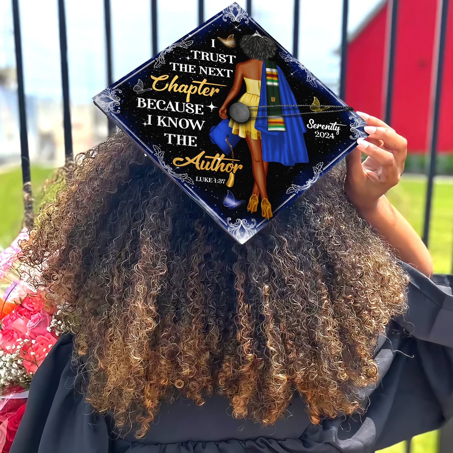 Personalized Religious Graduation Cap Topper with Verses, Black Queen Grad Cap Decoration