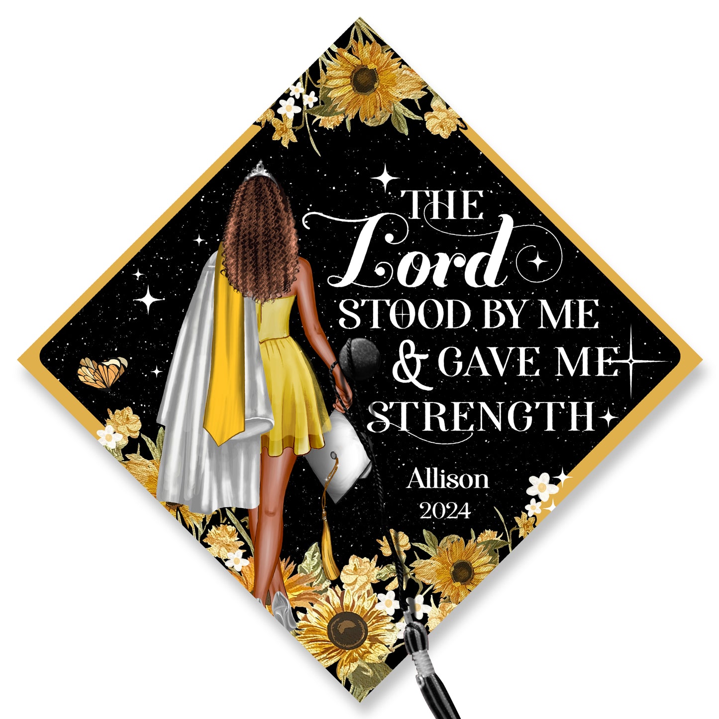 Custom Christian Graduation Cap Topper, The Lord Gave Me Strength Sunflower Grad Cap Decoration, Personalized Black Girl Grad Cap Topper
