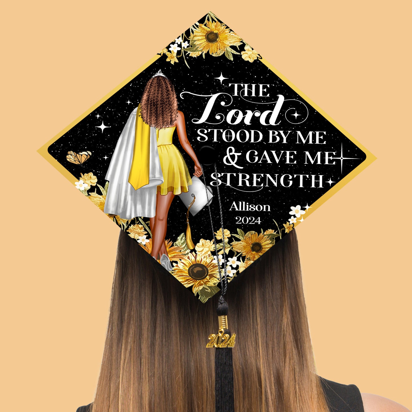 Custom Christian Graduation Cap Topper, The Lord Gave Me Strength Sunflower Grad Cap Decoration, Personalized Black Girl Grad Cap Topper