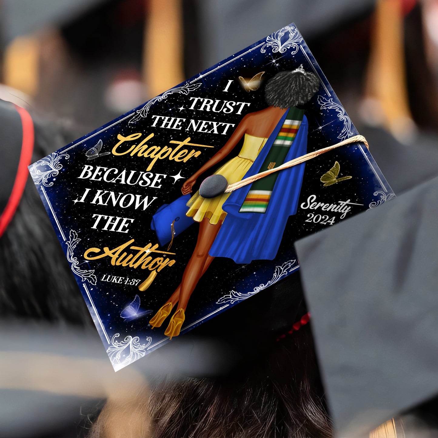 Personalized Religious Graduation Cap Topper with Verses, Black Queen Grad Cap Decoration
