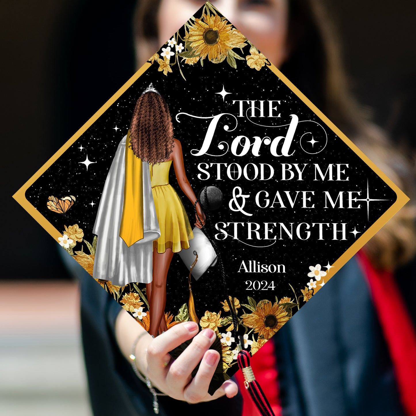 Custom Christian Graduation Cap Topper, The Lord Gave Me Strength Sunflower Grad Cap Decoration, Personalized Black Girl Grad Cap Topper