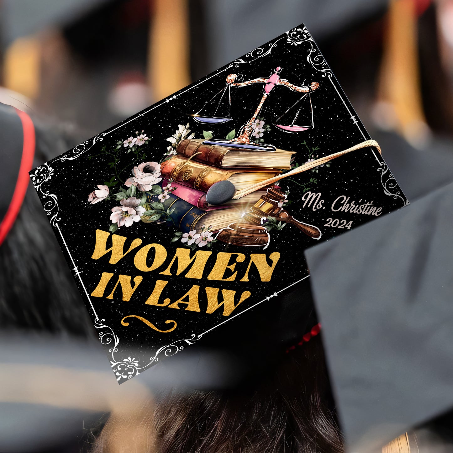 Personalized Law School Graduation Cap Topper, Women In Law Printed Grad Cap Topper