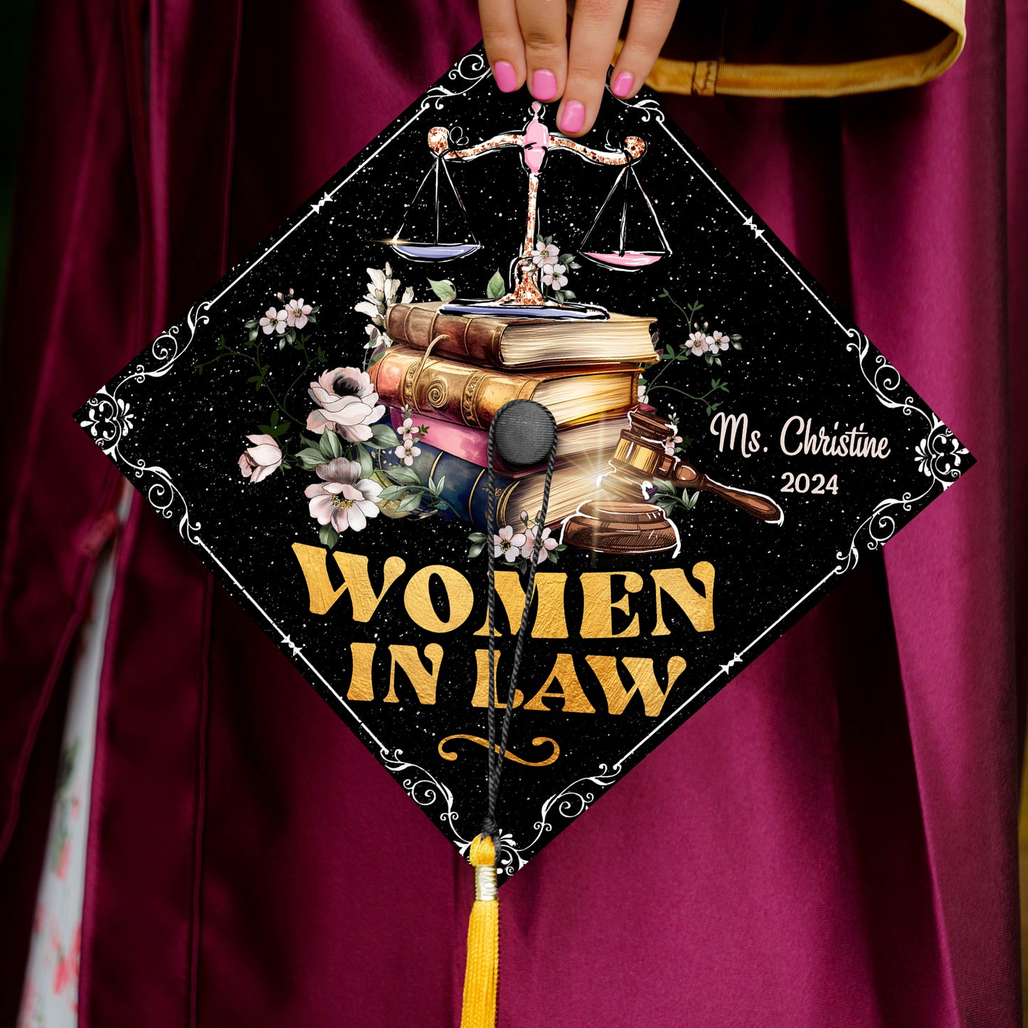 Personalized Law School Graduation Cap Topper, Women In Law Printed Grad Cap Topper