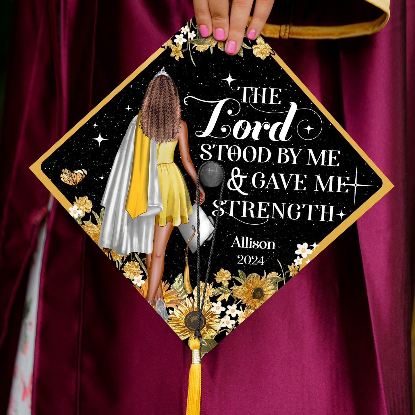 Custom Christian Graduation Cap Topper, The Lord Gave Me Strength Sunflower Grad Cap Decoration, Personalized Black Girl Grad Cap Topper