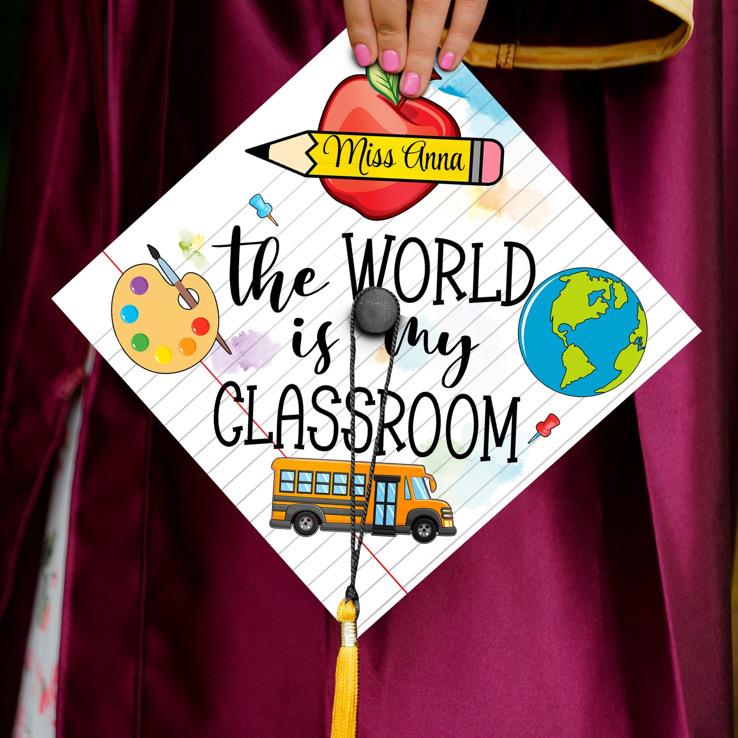 The World is My Classroom Cap Topper Decoration, Gift for Teacher, Class of 2024