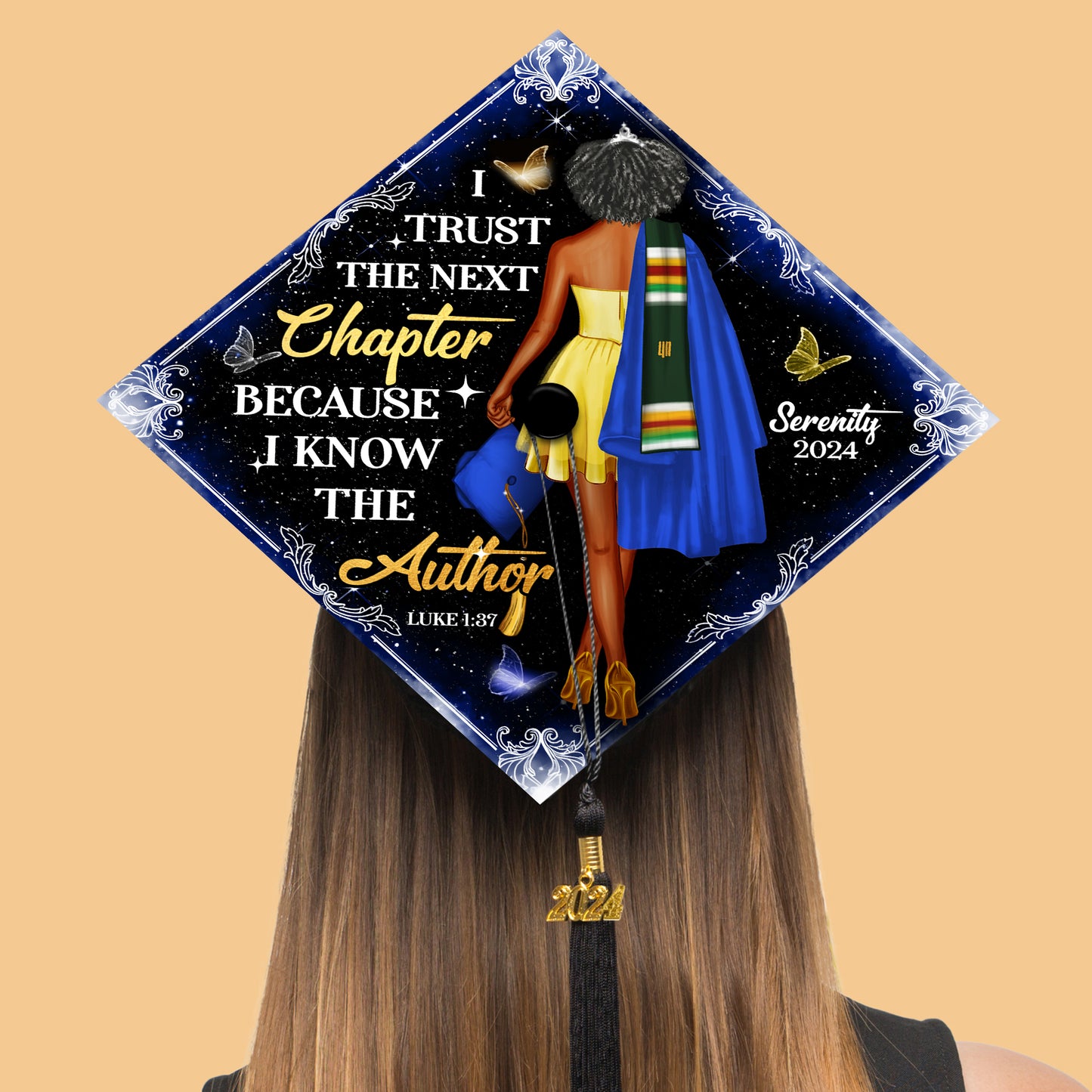 Personalized Religious Graduation Cap Topper with Verses, Black Queen Grad Cap Decoration