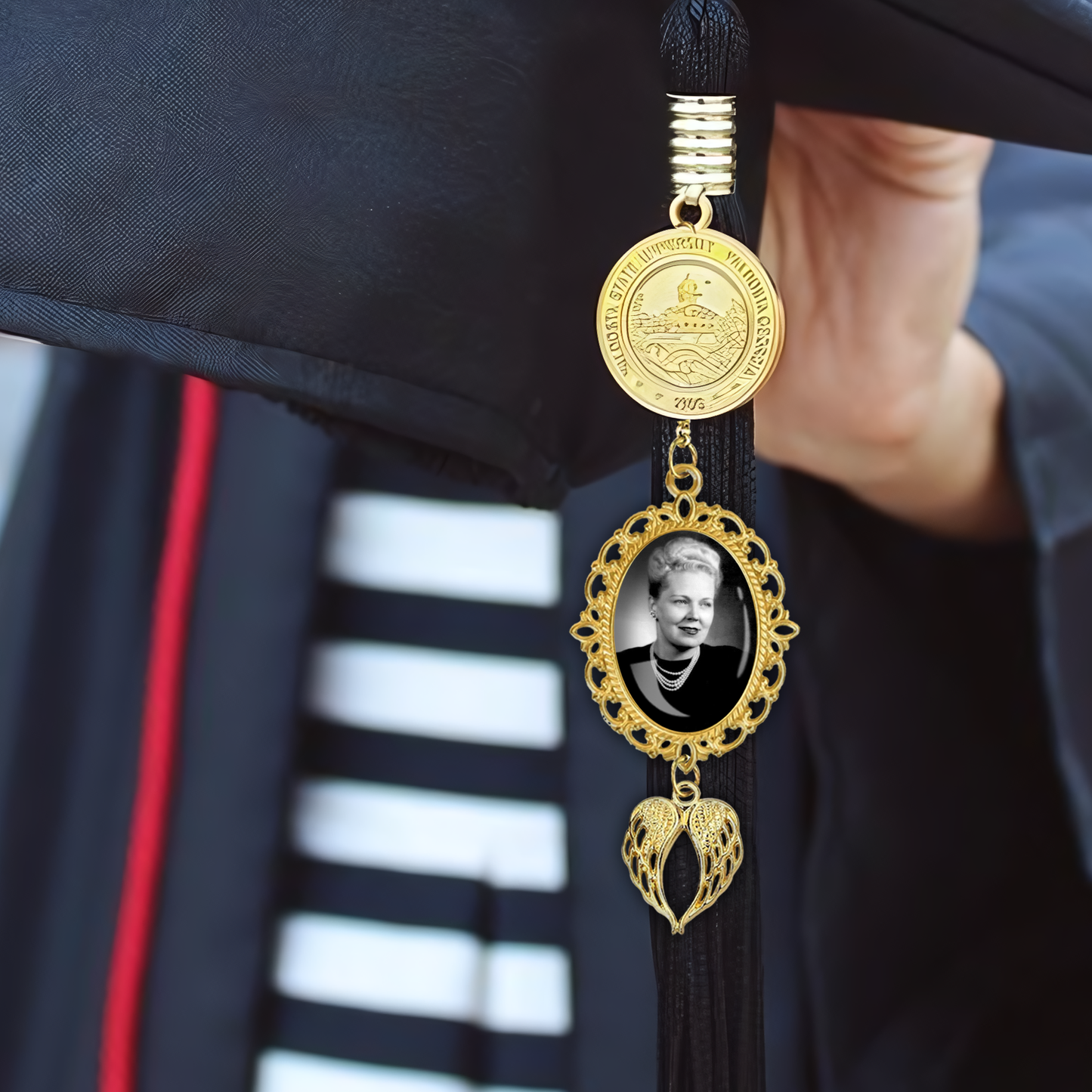 Custom Graduation Tassel Photo Charm with Angel Wings, Memorial Graduation Gift For Her