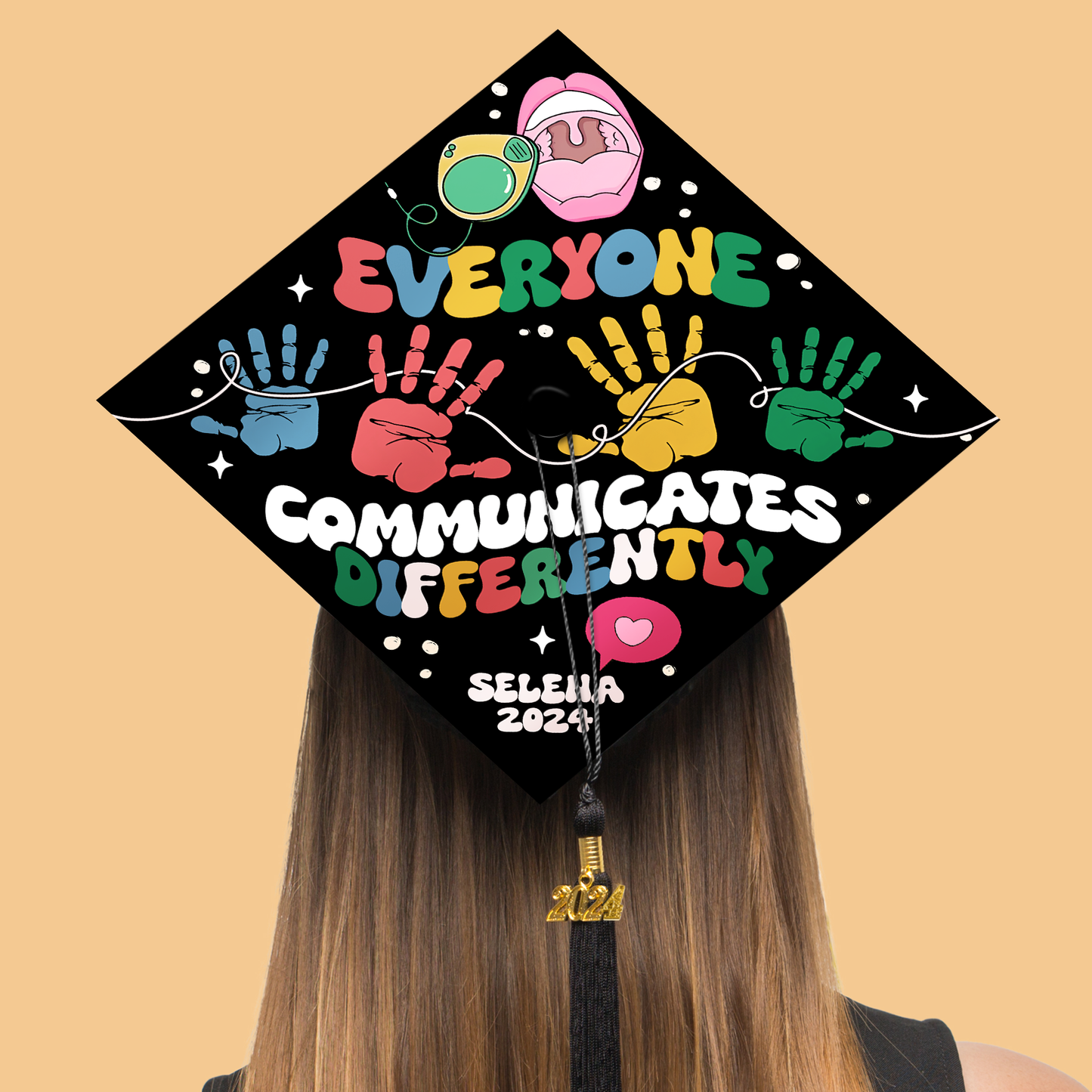 Everyone Communicates Differently Graduation Cap, Personalized Speech Therapy Grad Cap Topper