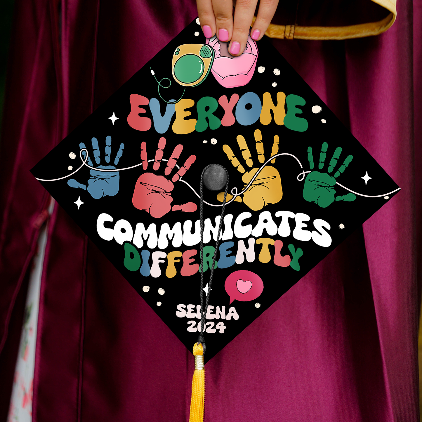 Everyone Communicates Differently Graduation Cap, Personalized Speech Therapy Grad Cap Topper