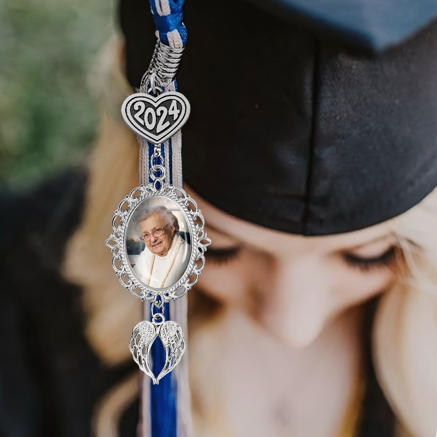 Custom Graduation Tassel Photo Charm with Angel Wings, Memorial Graduation Gift For Her