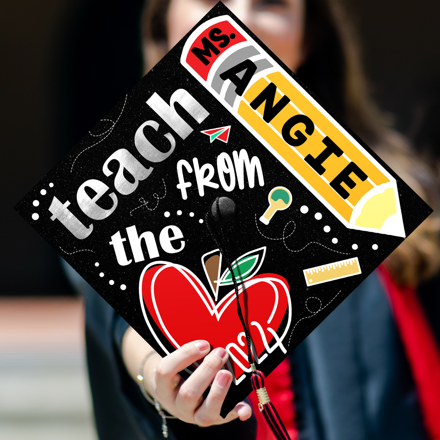 Teach From The Heart Teacher Printed Grad Cap Topper, Gift for Teacher, Class of 2024