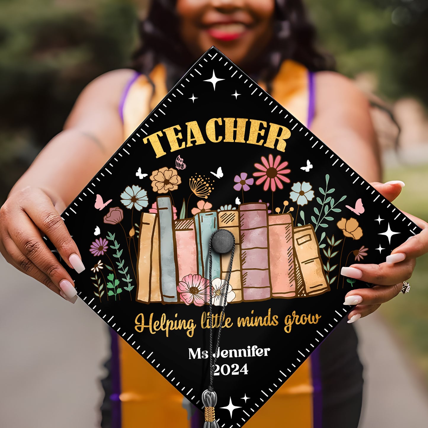 Helping Little Minds Grow, Unique Grad Cap Topper, Teaching Student Gift, Class of 2024
