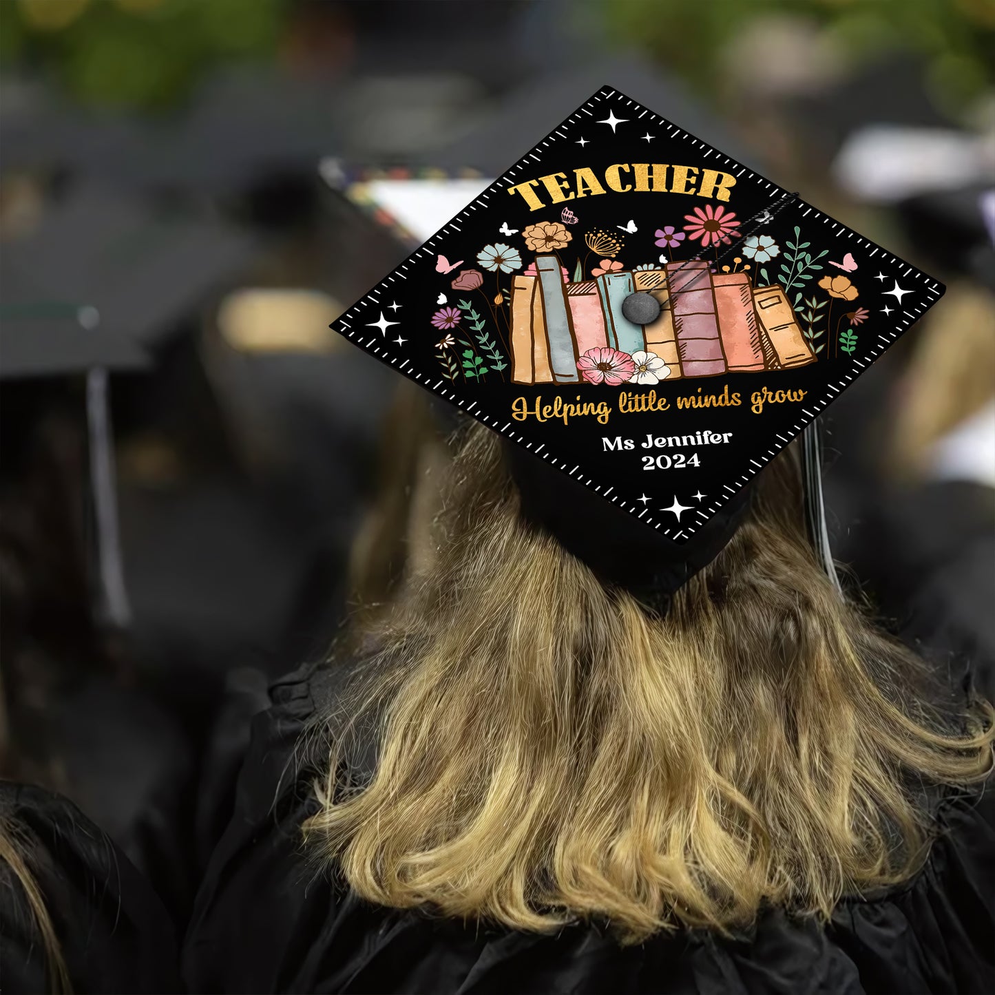 Helping Little Minds Grow, Unique Grad Cap Topper, Teaching Student Gift, Class of 2024