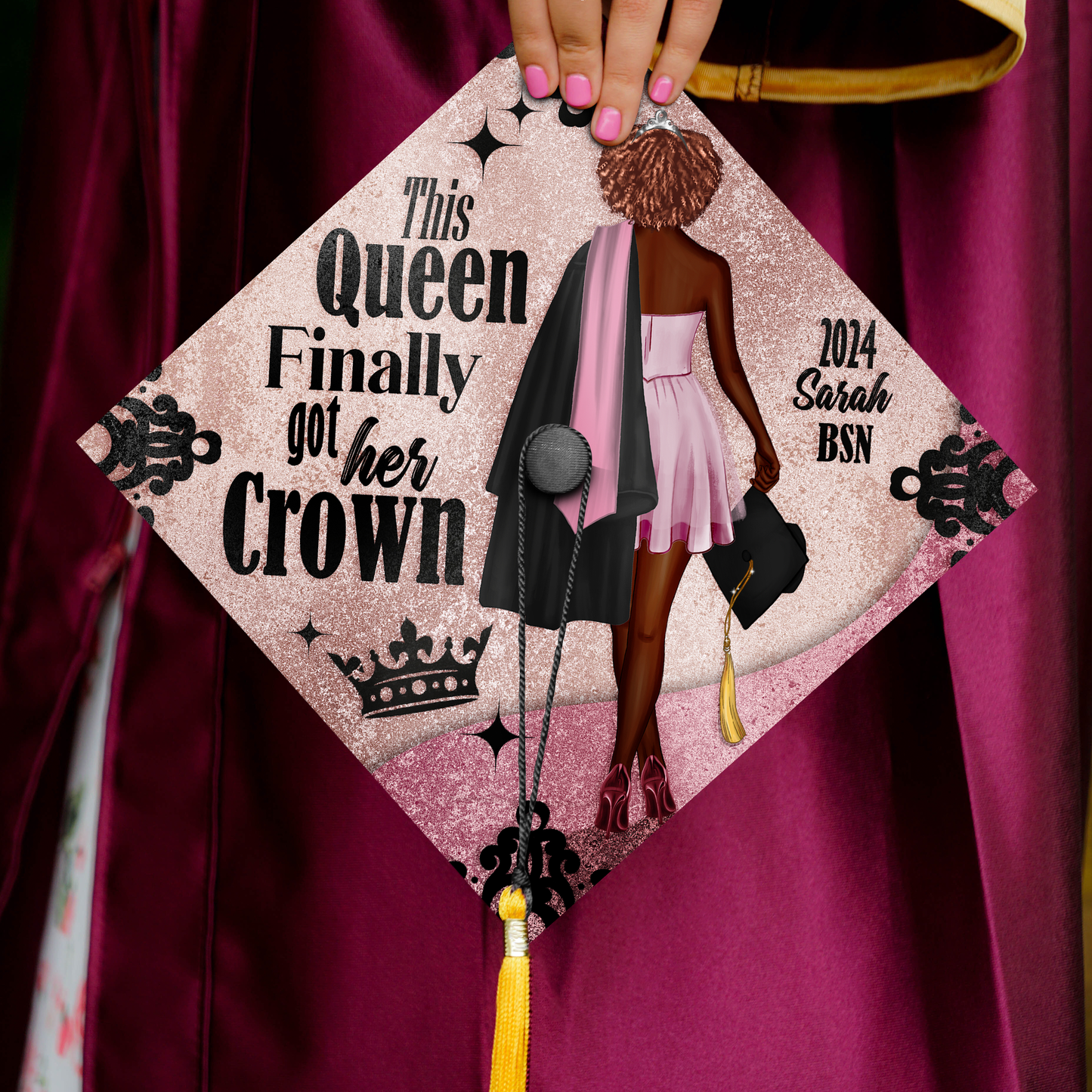 Custom This Queen Finally Got Her Crown Graduation Cap Topper, Black Girl Grad Cap Topper