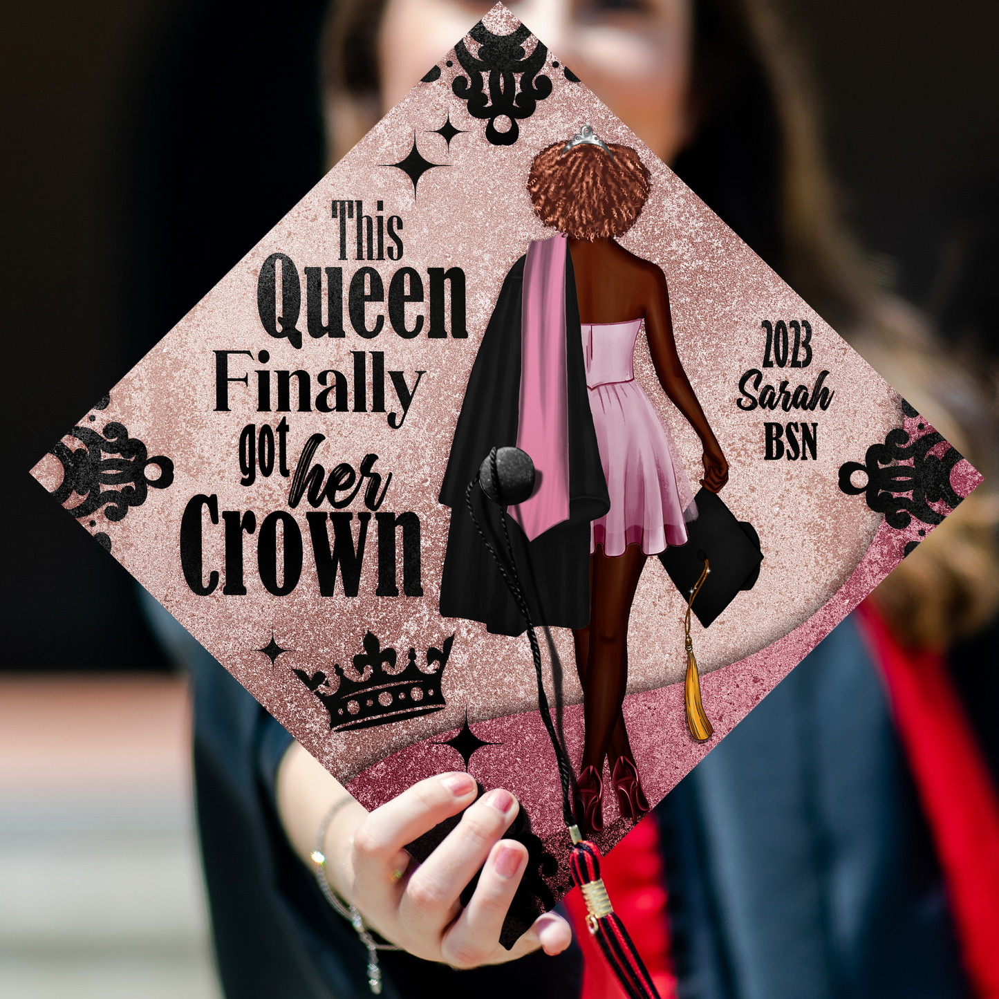 Custom This Queen Finally Got Her Crown Graduation Cap Topper, Black Girl Grad Cap Topper