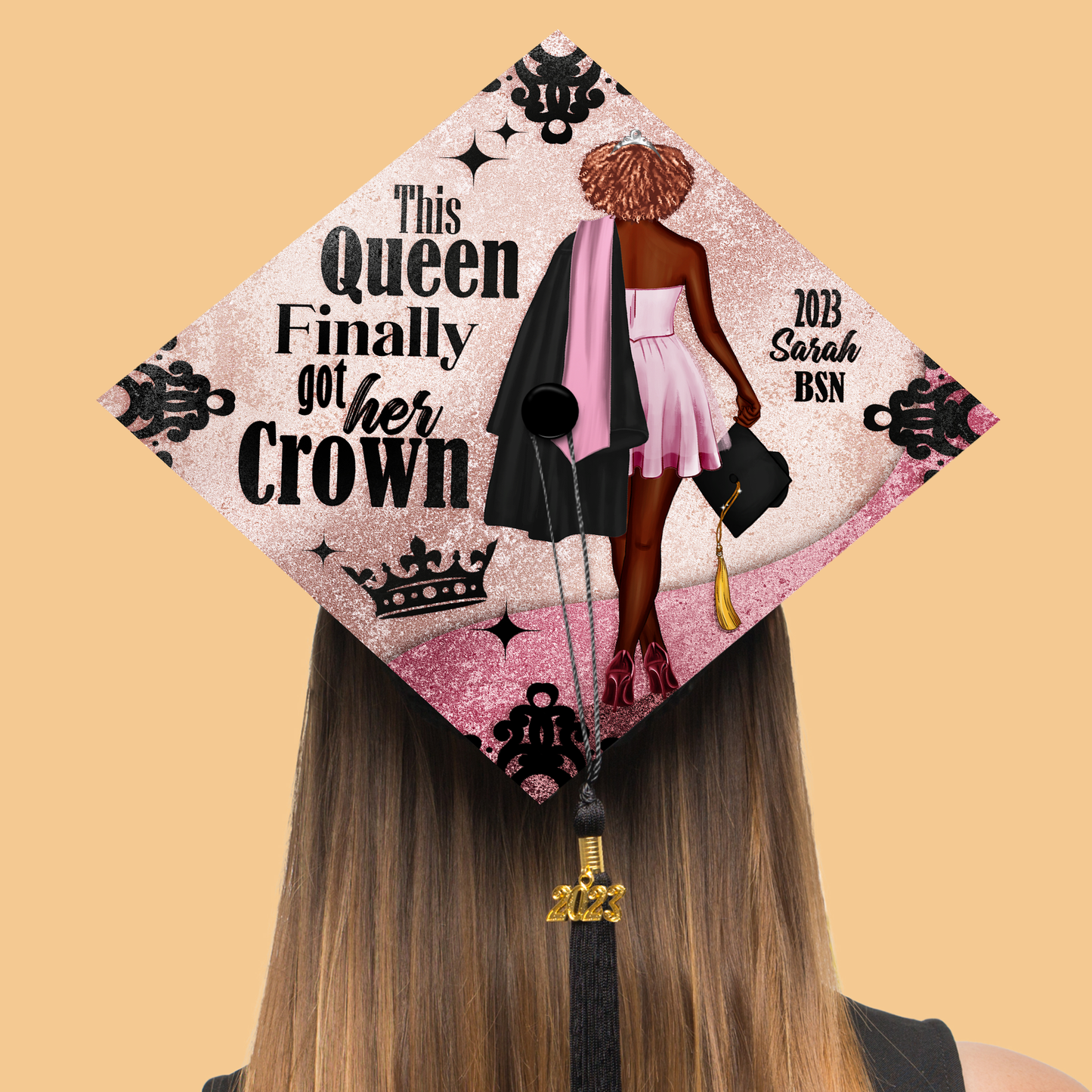 Custom This Queen Finally Got Her Crown Graduation Cap Topper, Black Girl Grad Cap Topper