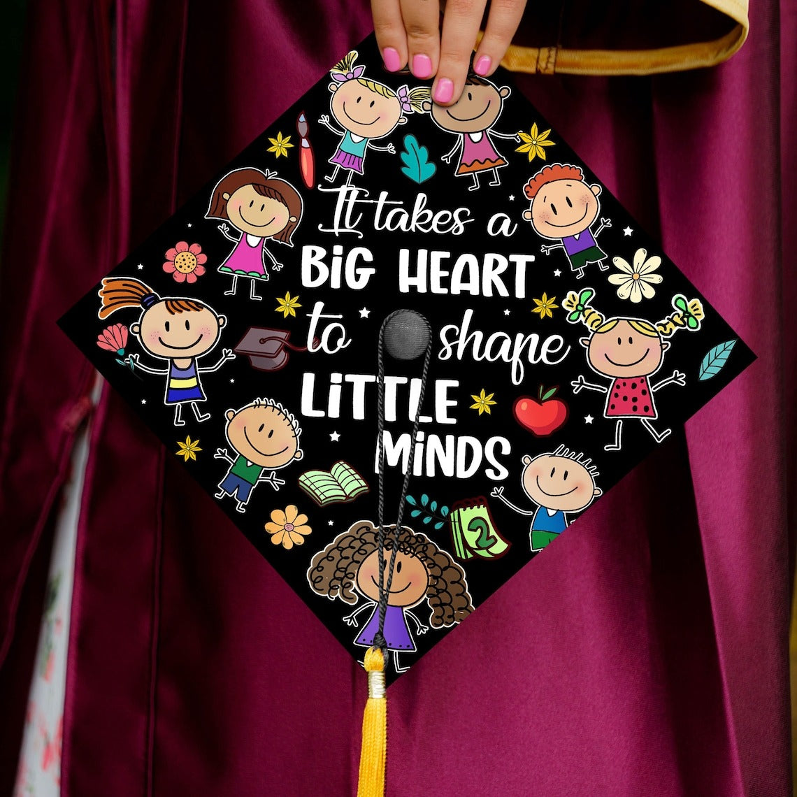 It Takes A Big Heart To Shape Little Minds Grad Cap Topper, Gifts for Teacher, Class of 2024