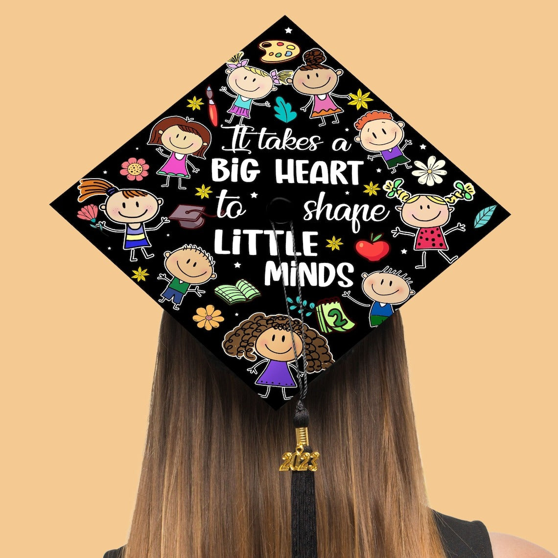 It Takes A Big Heart To Shape Little Minds Grad Cap Topper, Gifts for Teacher, Class of 2024