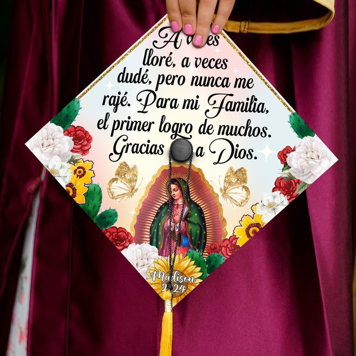 Gracias a Dios Virgen Guadalupe Grad Cap Topper, Gifts for Mexican, Class of 2024 - SP11106PGMNTT