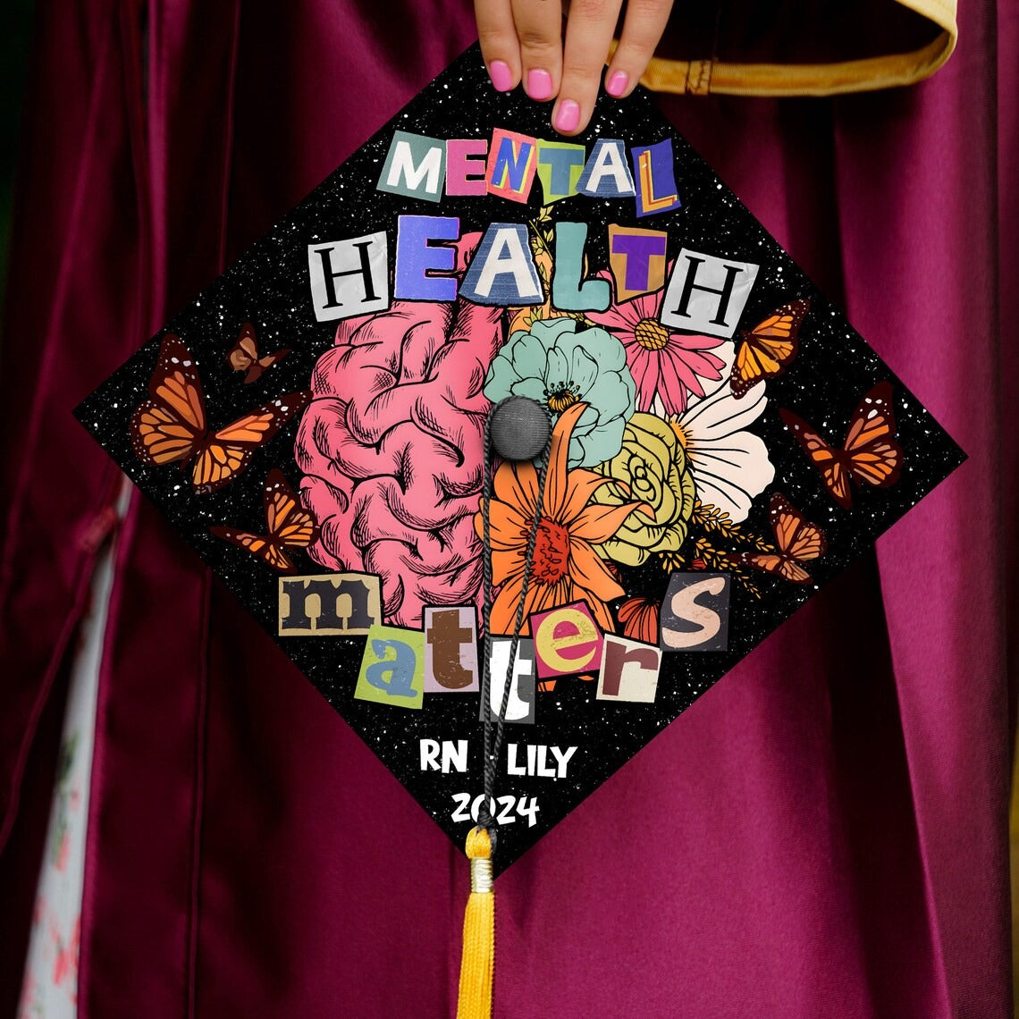 Mental Health Matters Graduation Cap Topper, Gifts for Psychologist, Class of 2024 - SP10782PGCHTT