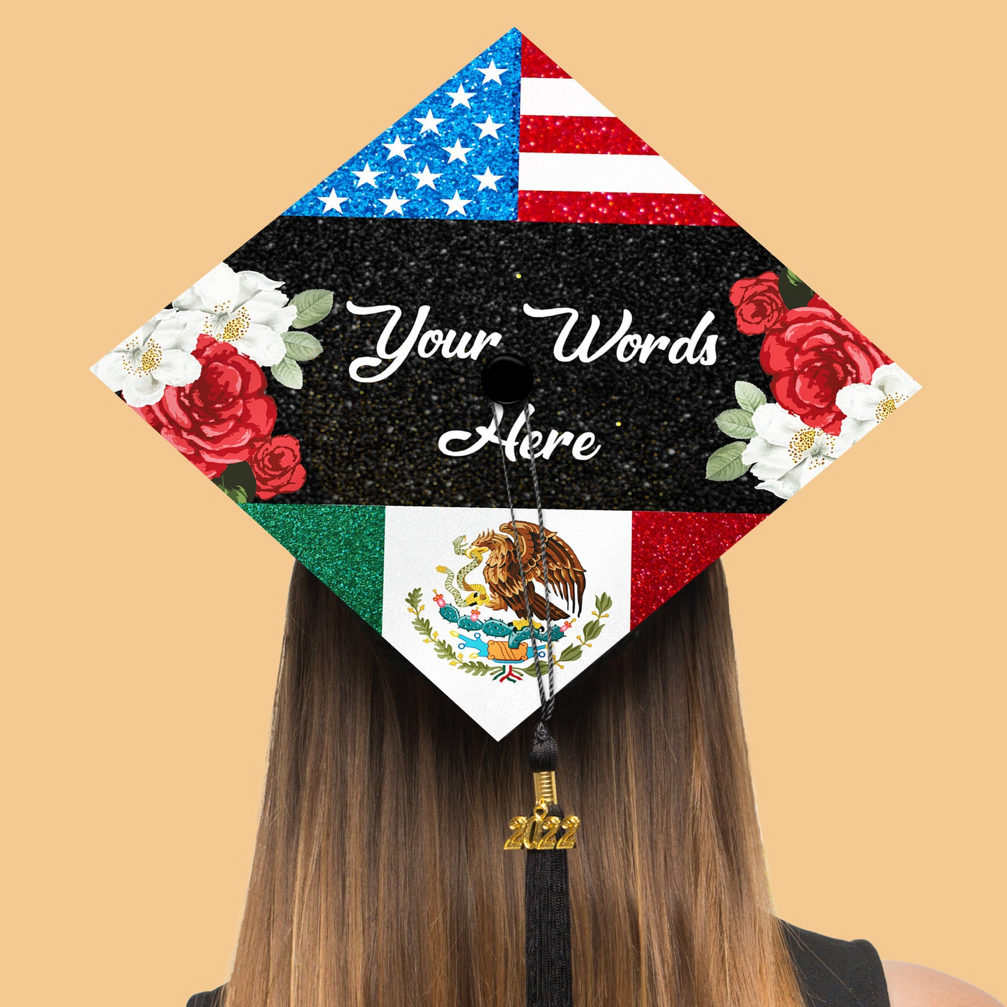 Customized Mexican Us Flag Printed Grad Cap Topper, Gift for Hispanic, Class of 2024