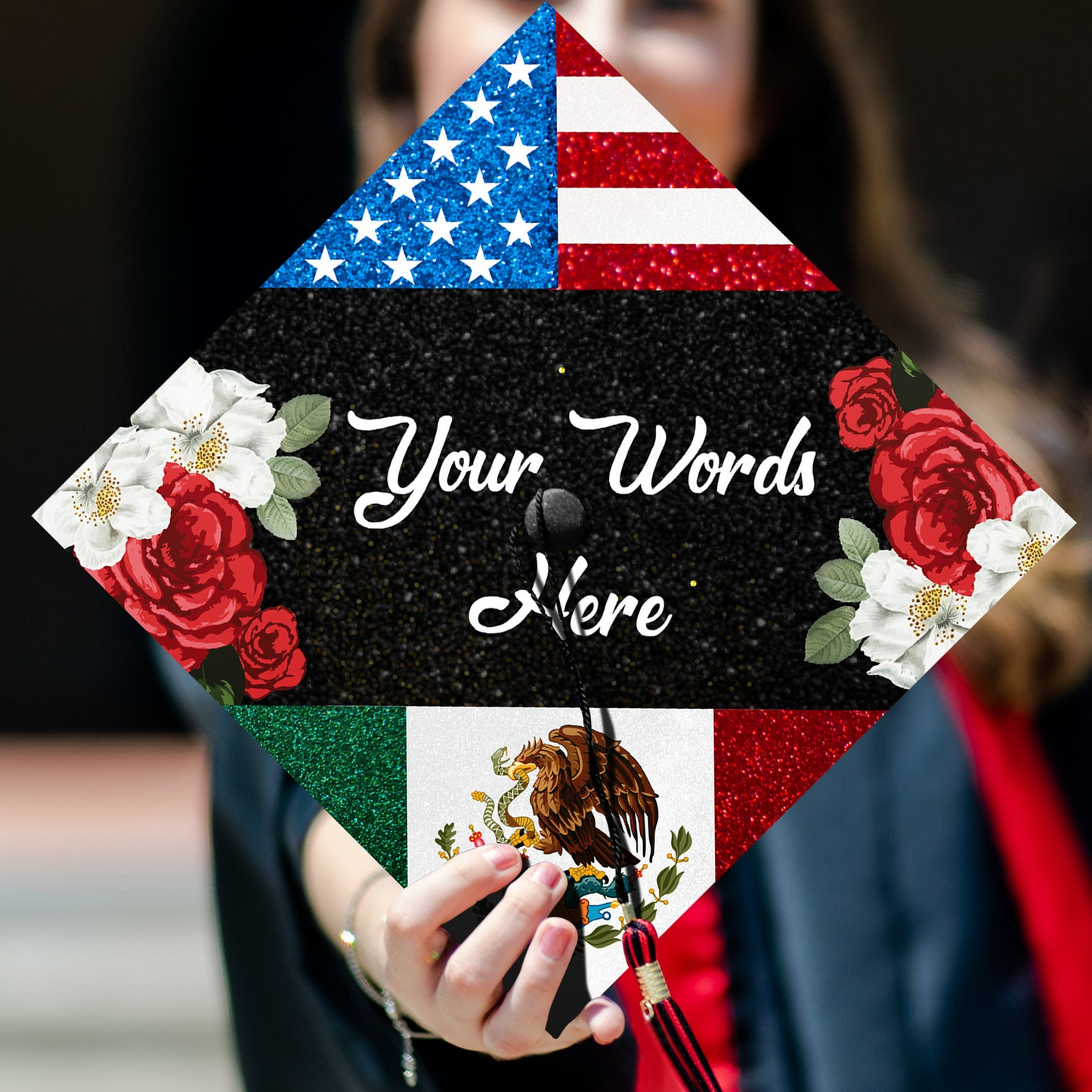 Customized Mexican Us Flag Printed Grad Cap Topper, Gift for Hispanic, Class of 2024