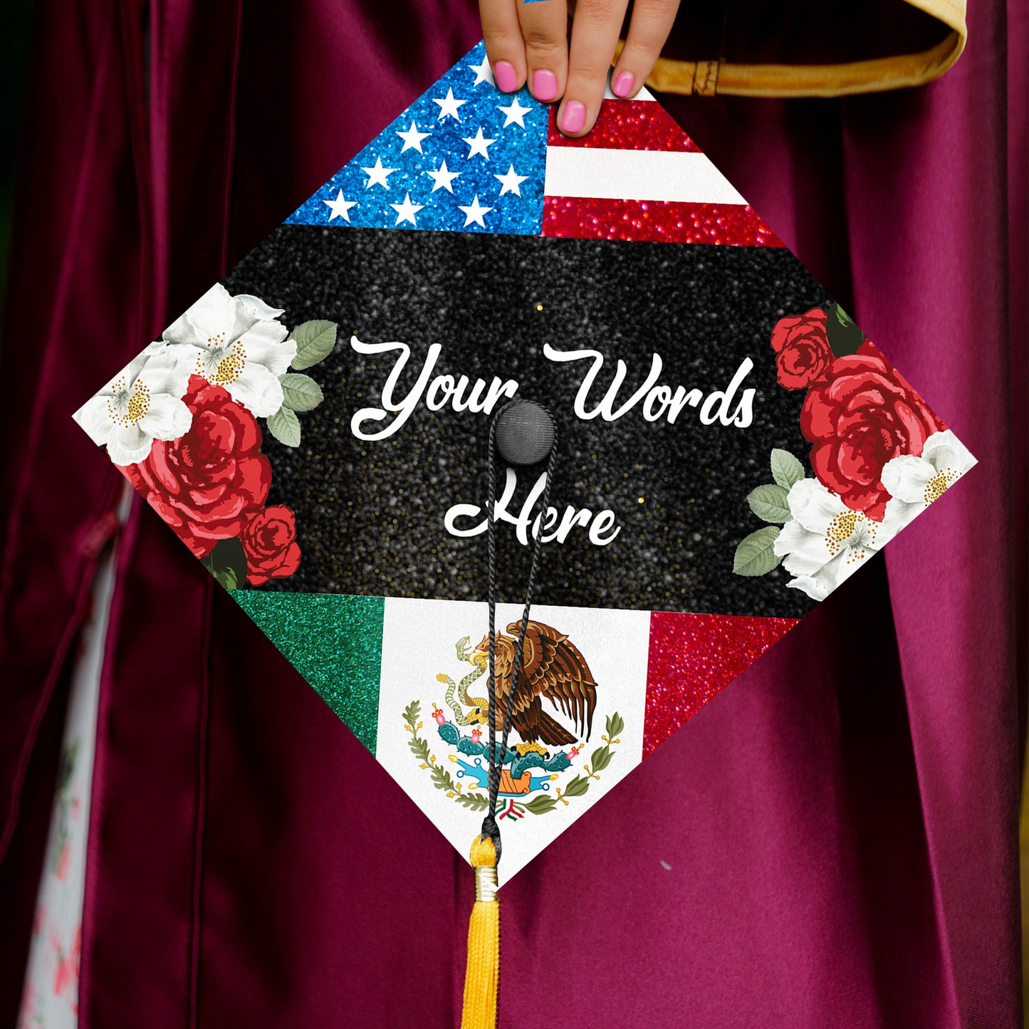 Customized Mexican Us Flag Printed Grad Cap Topper, Gift for Hispanic, Class of 2024