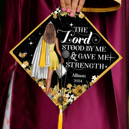 Custom Christian Graduation Cap Topper, The Lord Gave Me Strength Sunflower Grad Cap Decoration, Personalized Black Girl Grad Cap Topper