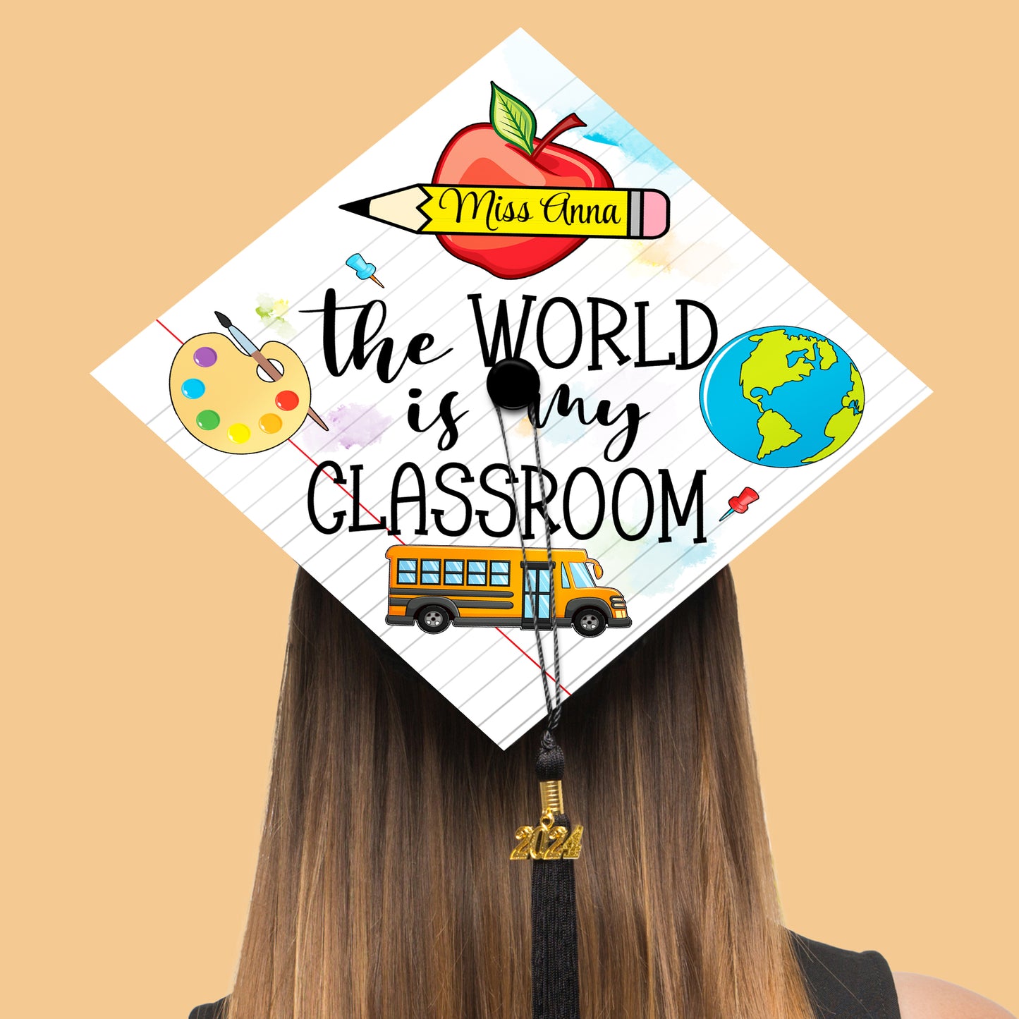 The World is My Classroom Cap Topper Decoration, Gift for Teacher, Class of 2024
