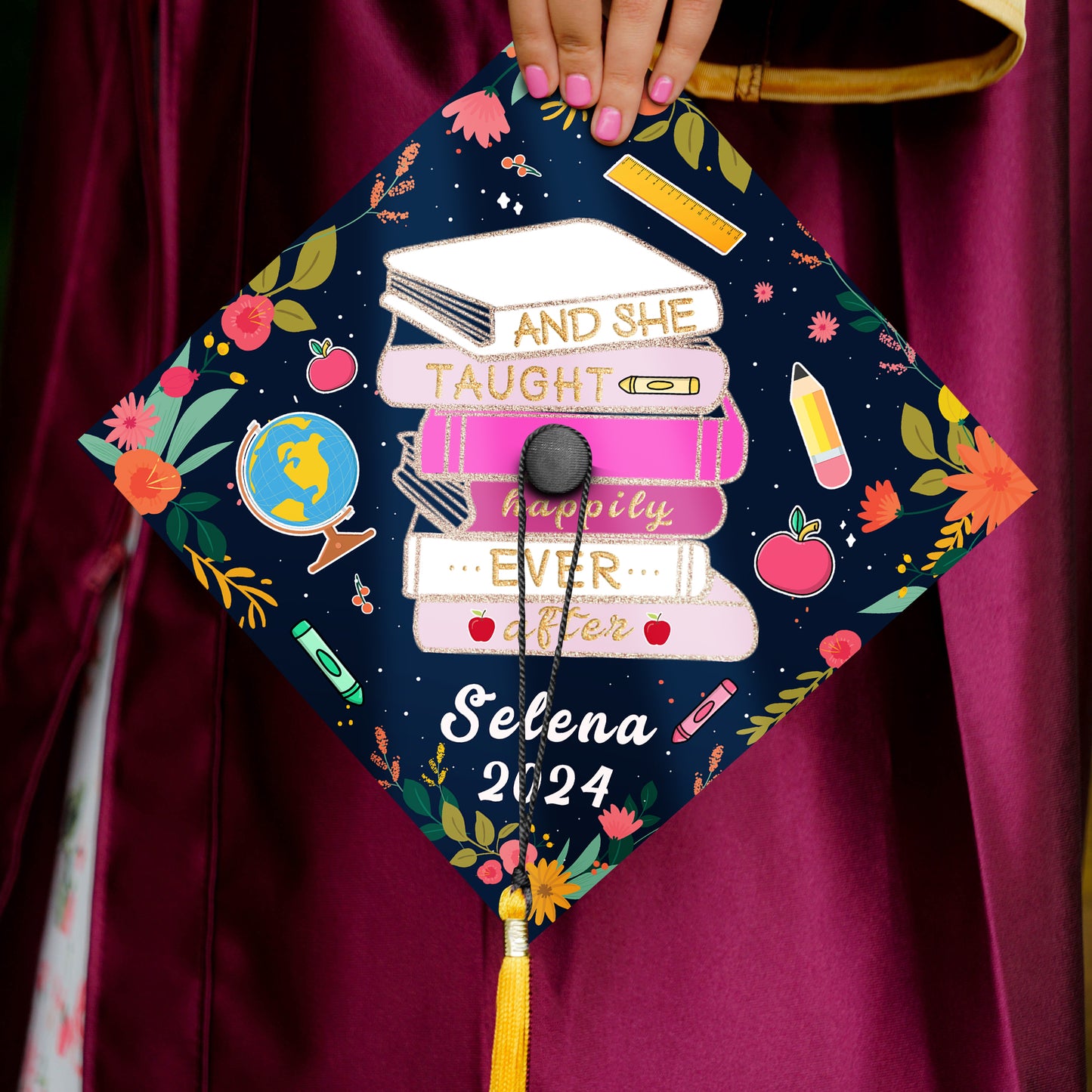 And She Taught Happily Ever After Graduation Cap Decoration, Gifts for Teacher, Class of 2024