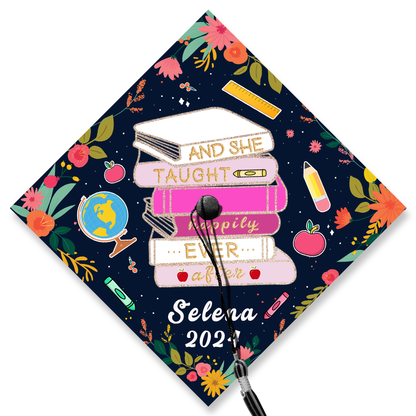 And She Taught Happily Ever After Graduation Cap Decoration, Gifts for Teacher, Class of 2024