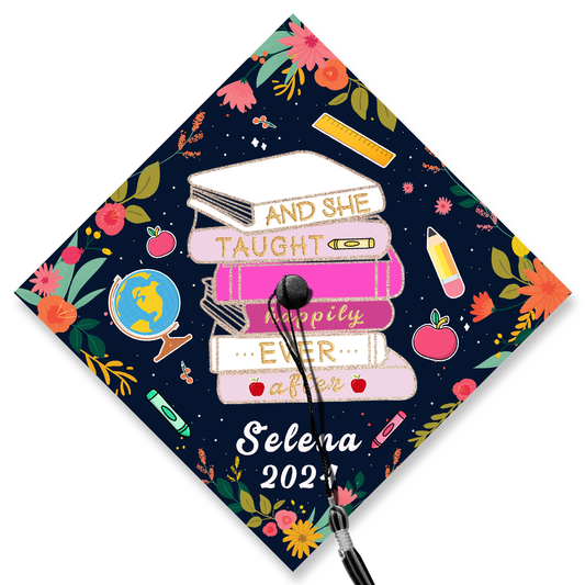 And She Taught Happily Ever After Graduation Cap Decoration, Gifts for Teacher, Class of 2024