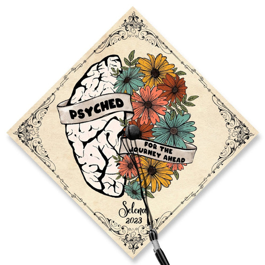 Psyched For The Journey Ahead Graduation Cap Topper, Gifts for Psychologist, Class of 2024