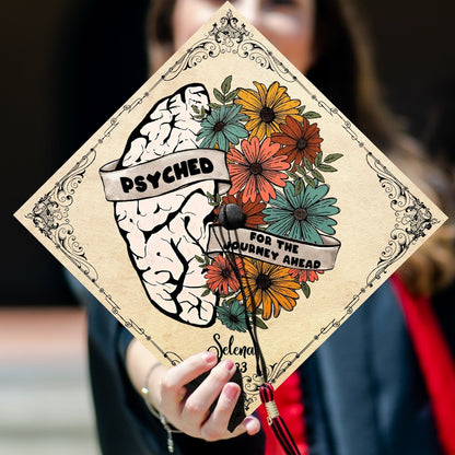Psyched For The Journey Ahead Graduation Cap Topper, Gifts for Psychologist, Class of 2024