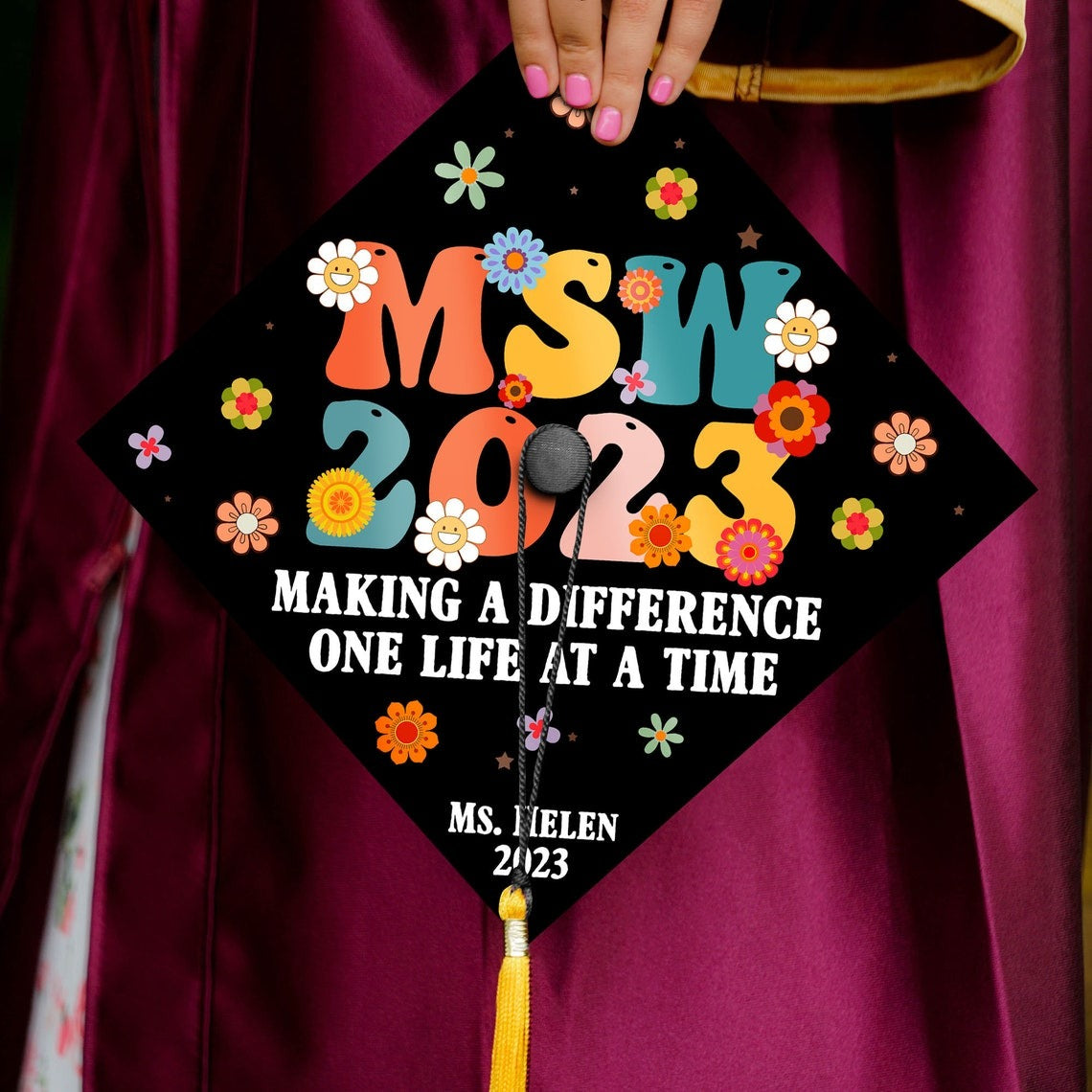 Making A Difference One Life At A Time Grad Cap Topper, Gifts for Social Worker, Class of 2024