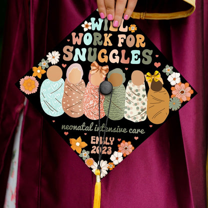 Will Work For Snuggles Graduation Cap Decoration, Gifts for Nurse, Class of 2024